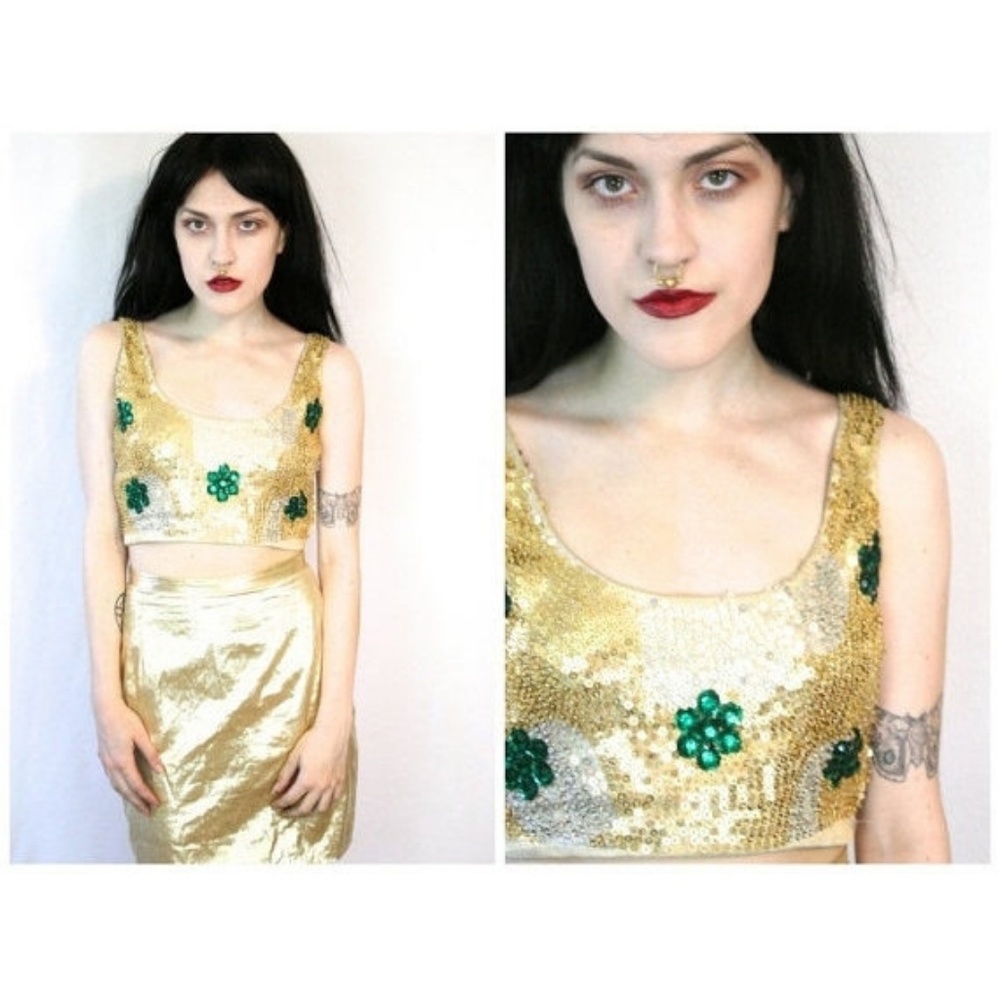 Vintage 50s Beaded Gold Silver & Emerald Crop Top